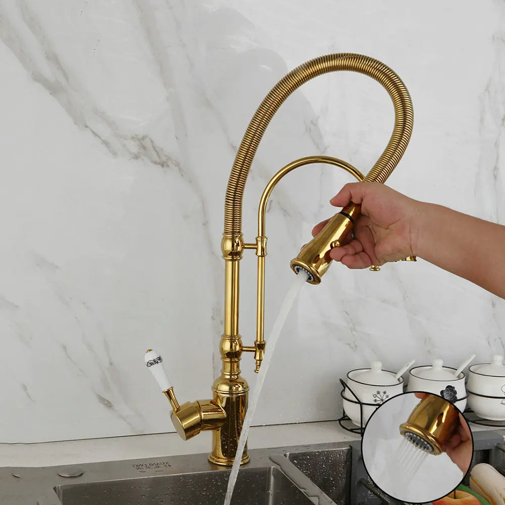 DecorBites™ Golden Kitchen Faucet Vessel Sink Swivel Mixer Tap with Pull Down Spring