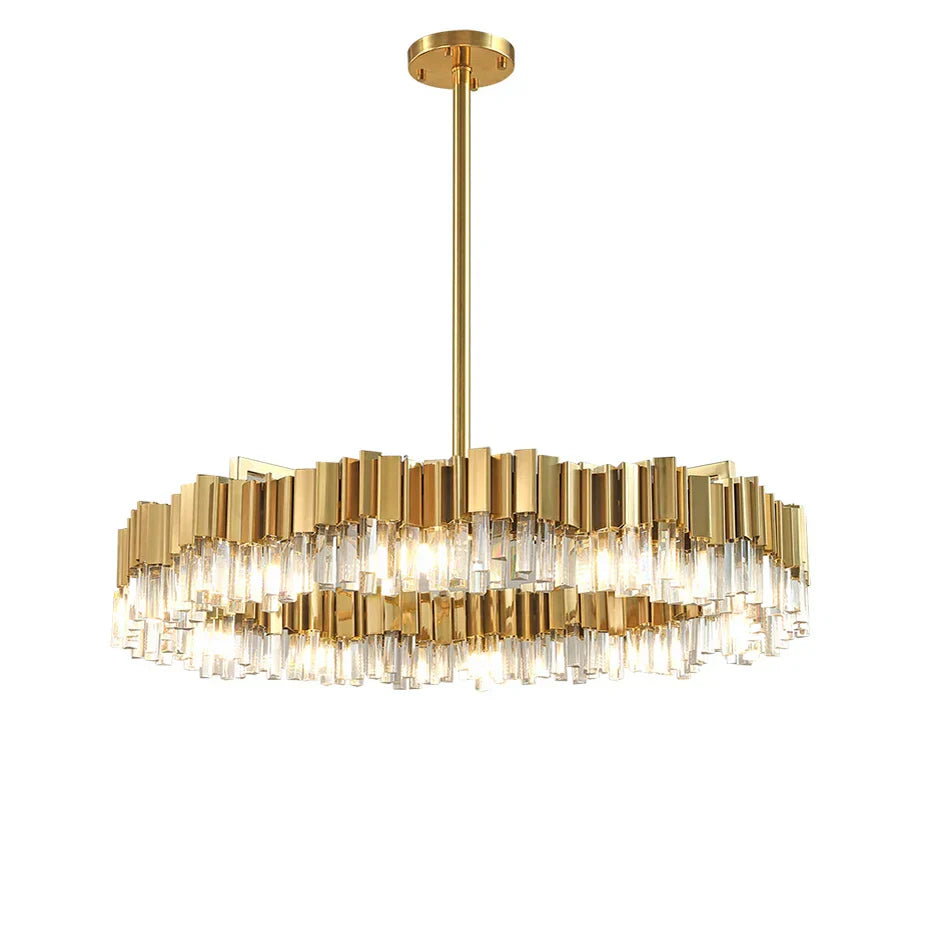 ثريا كريستال ذهبية من الستانلس ستيل من DecorBites™ لإضاءة بهو أنيقة