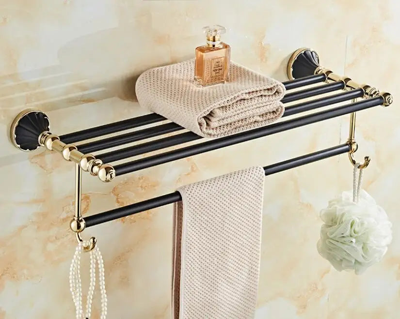 طقم إكسسوارات حمام DecorBites™ ذهبي وأسود، علاقة مناشف، حامل فرشاة تواليت، حامل ورق