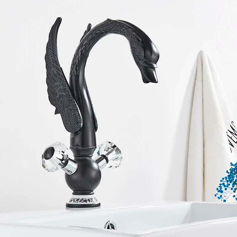 DecorBites™ Gold Brass Black Swan حوض حمام صنبور خلاط فردي فاخر مثبت على السطح