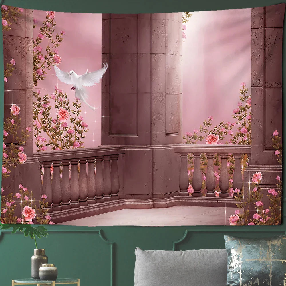 DecorBites™ Court Woman Gothic Architecture Tapestry Wall Art with Rose Scenery & Pigeons
