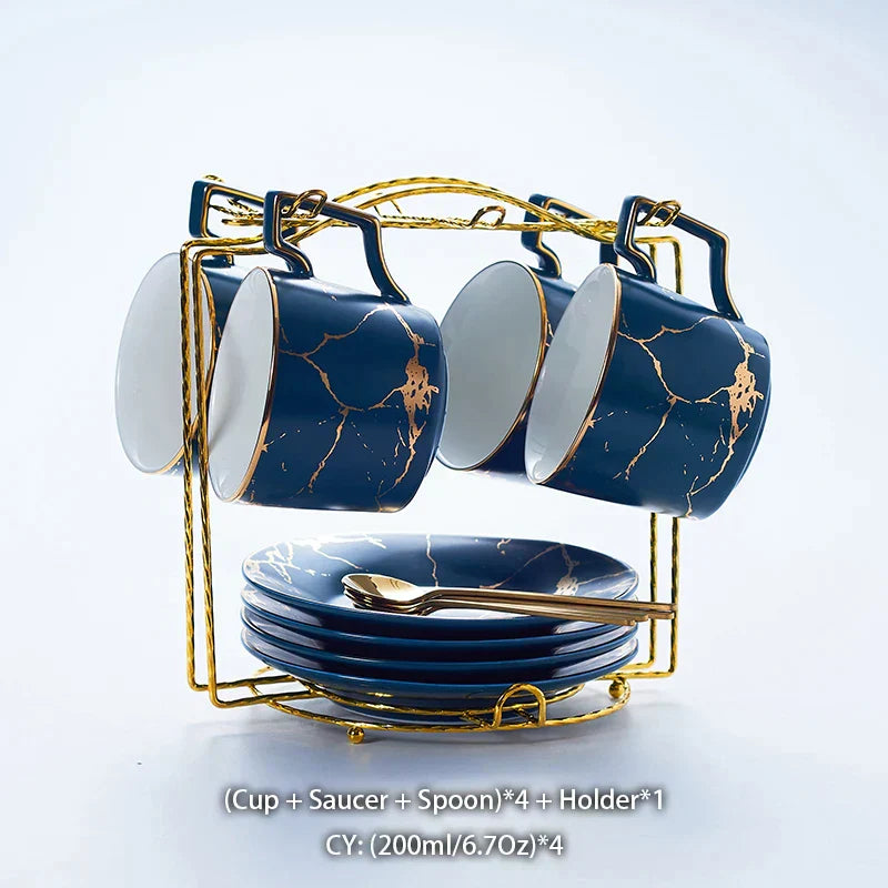 DecorBites™ 200ml Marble Ceramic Tea Set with Spoon and Saucer
