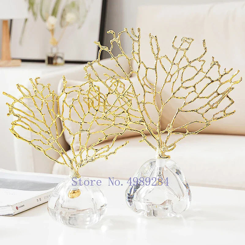 DecorBites™ Crystal Metal Golden Coral Handicraft Home Decor for Modern Living Space