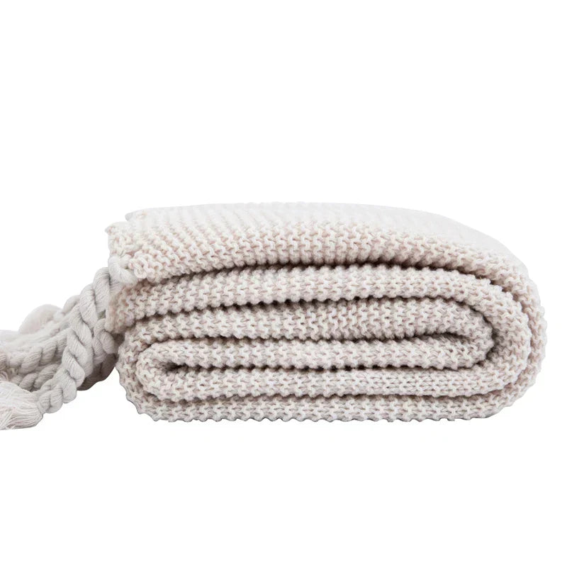 DecorBites™ Knit Throw Blanket Ivory Pink Solid Soft Plaid Tassels 50"x62"