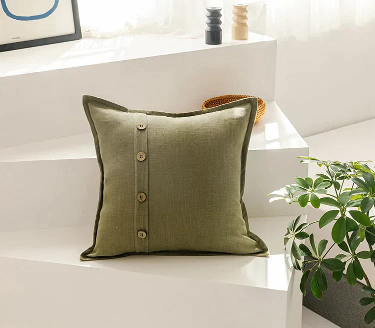 DecorBites™ غطاء وسادة من القطن والكتان 45×45 سم باللون الوردي والأزرق والأخضر والبيج مع أزرار جوز الهند لتزيين المنزل