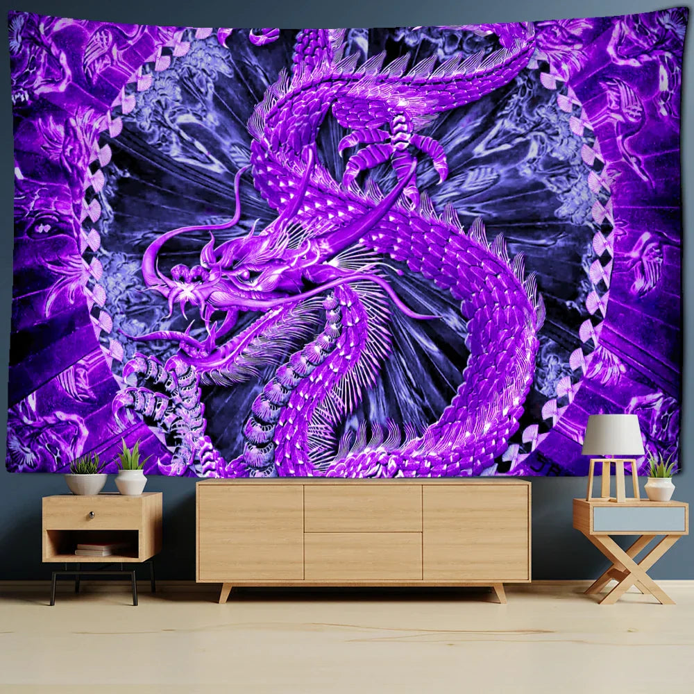 DecorBites™ Golden Loong Dragon Totem Tapestry, Cartoon Castle Wall Hanging & Home Decor Art