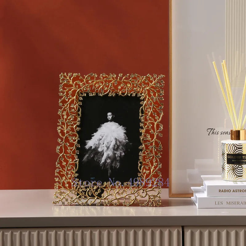 DecorBites™ Golden Leaves Metal Photo Frame: Modern Home Decor & Picture Display