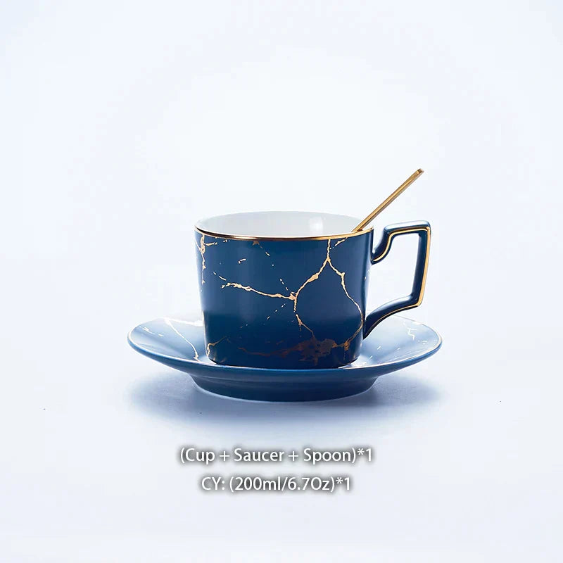 DecorBites™ 200ml Marble Ceramic Tea Set with Spoon and Saucer