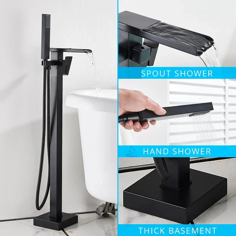 DecorBites™ Black Floor Mounted Bathtub Faucet Set with Waterfall Mixer Tap