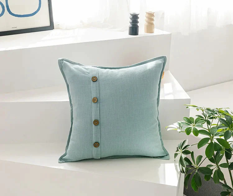 DecorBites™ غطاء وسادة من القطن والكتان 45×45 سم باللون الوردي والأزرق والأخضر والبيج مع أزرار جوز الهند لتزيين المنزل