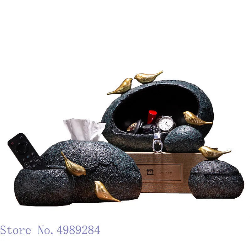 DecorBites™ صندوق مناديل راتنج بتصميم طائر ذهبي ومطفأة سجائر ومنظم سطح مكتب وصندوق تخزين