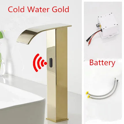 DecorBites™ خلاط حوض شلال ذهبي بخاصية الاستشعار الأوتوماتيكي واللمس بدون تلامس للحمام (ماء ساخن وبارد)