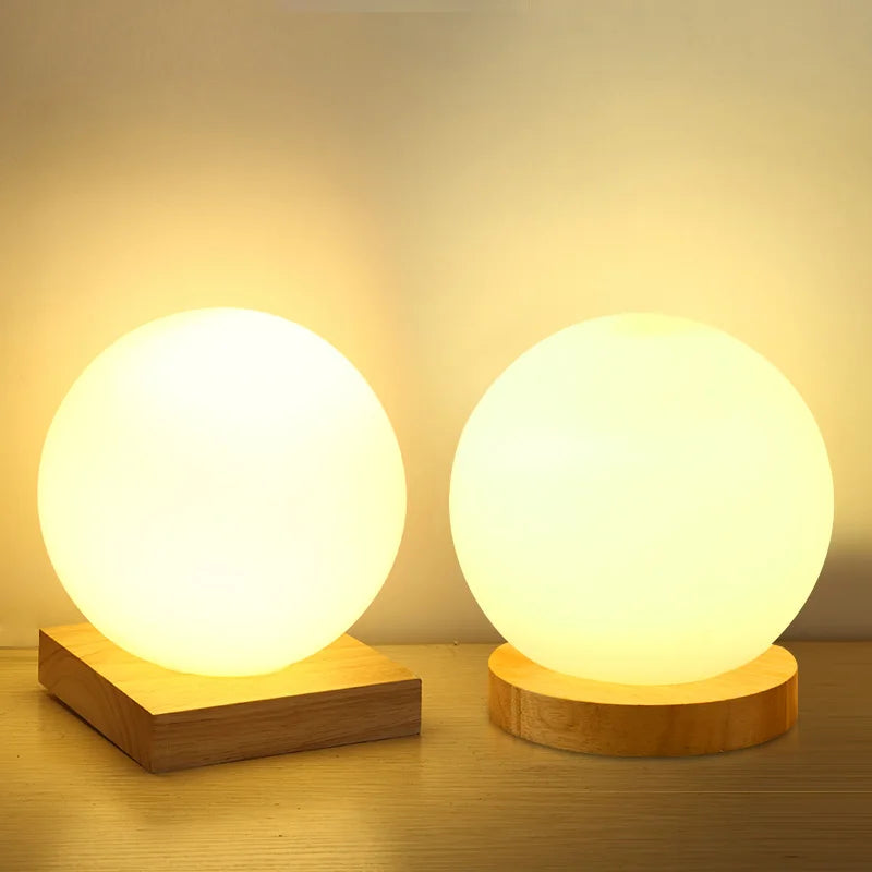 DecorBites™ Glass Ball LED Table Lamp Wooden Round Desk Night Light