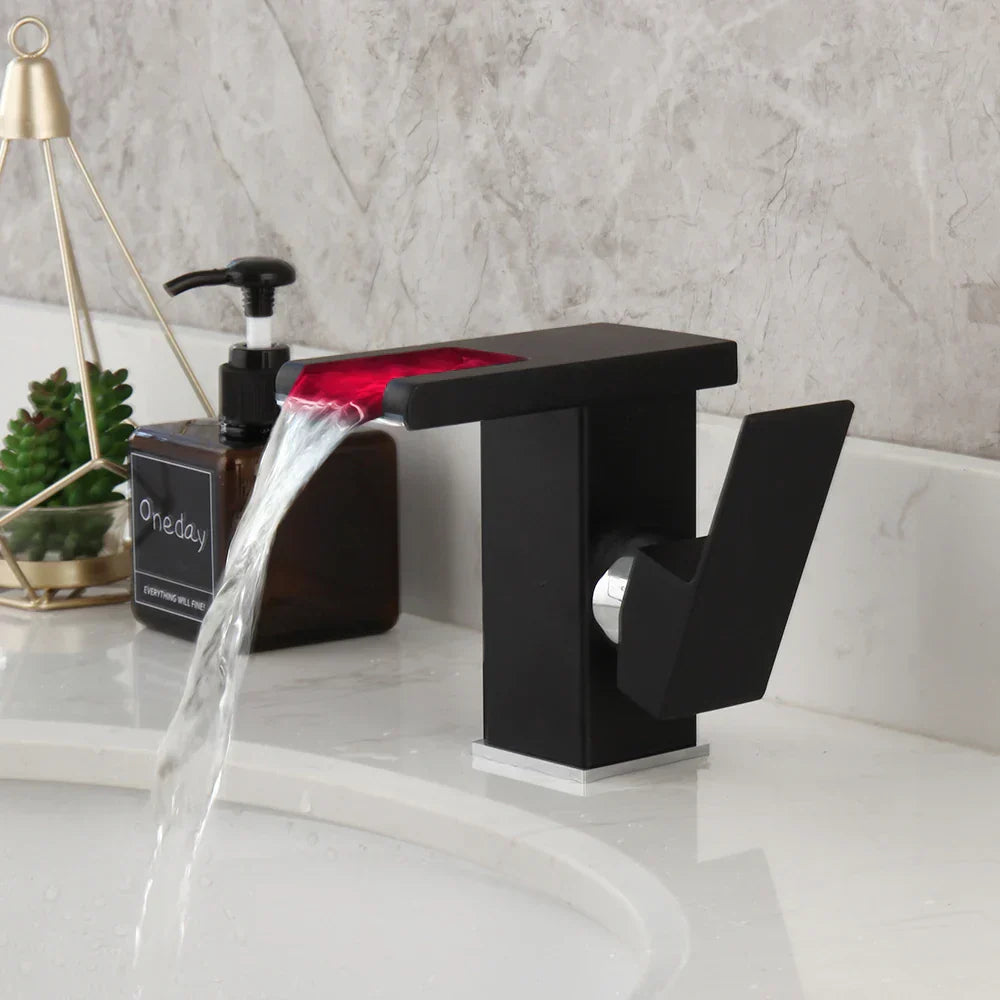 DecorBites™ LED Waterfall Basin Faucet White & Black Mixer Tap Deck Mount Solid Brass