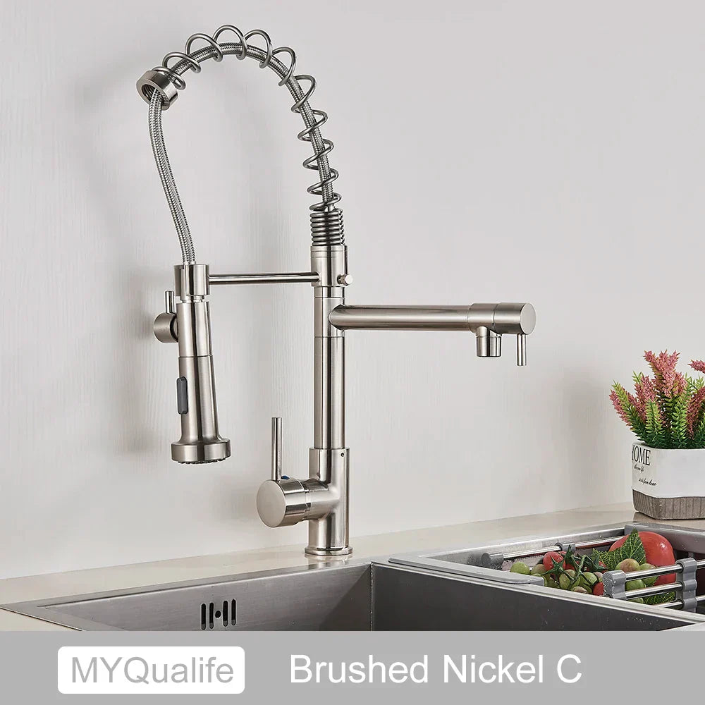 DecorBites™ Black Brass Kitchen Faucet with Dual Spout, 360 Rotation, Deck Mounted