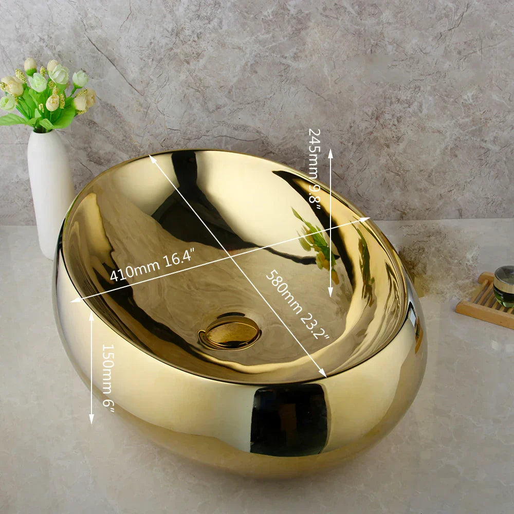 DecorBites™ Golden Plated Ceramic Basin Sink & Faucet Tap Set with Pop Drain