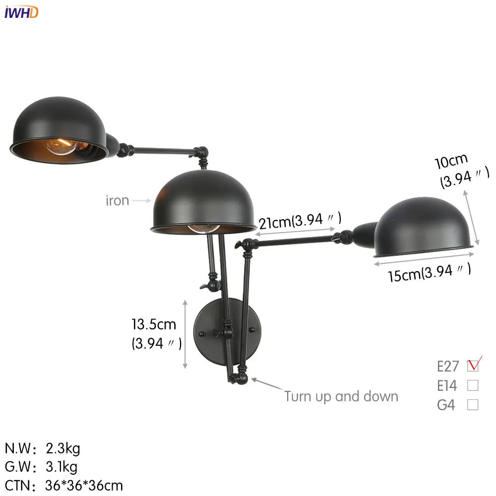 DecorBites™ مصباح جداري كلاسيكي من أديسون طراز Loft بذراع متأرجح - 3 رؤوس باللون الأسود