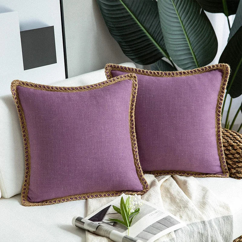 DecorBites™ Hemp Rope Edging Lotus Leaf Hug Pillowcase - Medium Cotton Linen Cushion Cover