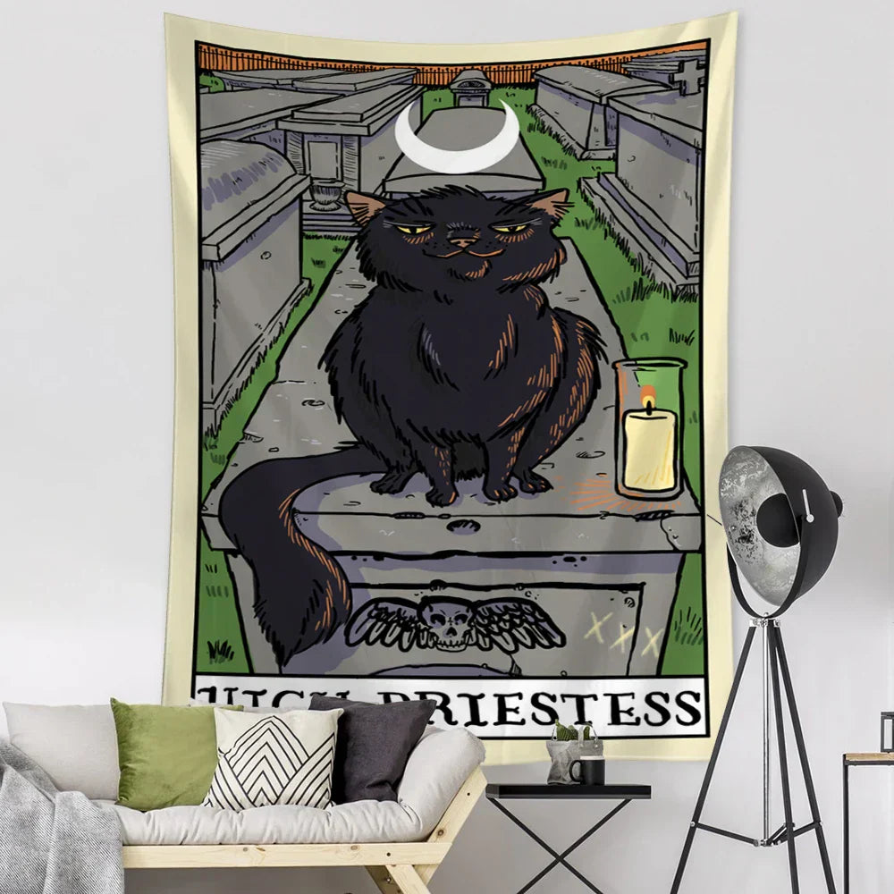 DecorBites™ Black Cat Tarot Tapestry: Psychedelic Hippie Wall Hanging Room Decor