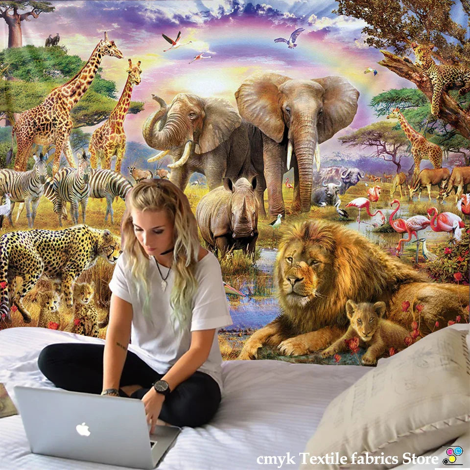 DecorBites™ Lion Tapestry African Grassland Animals Cartoon Wall Hanging Blanket