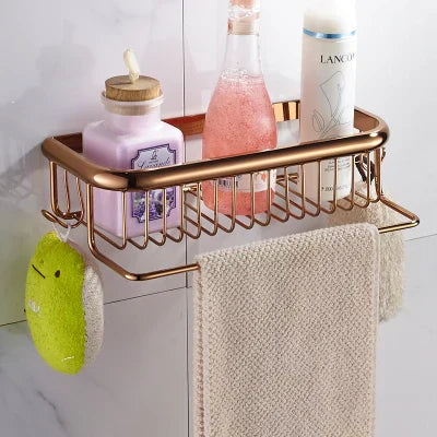 DecorBites™ رف حمام نحاسي ذهبي مع علاقة مناشف، حامل شامبو، وسلة