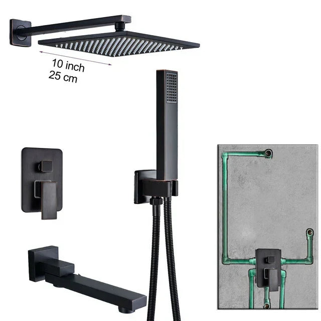 DecorBites™ Black Brass Shower Faucet with 2-Way Mixer, Handshower and Rainfall Head