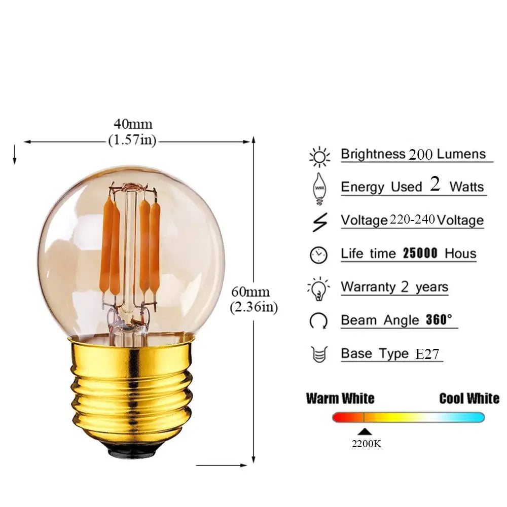 DecorBites™ مصابيح LED G40 إديسون 2 وات E27 220 فولت أبيض دافئ مع فتيل للمنزل والحديقة والبار