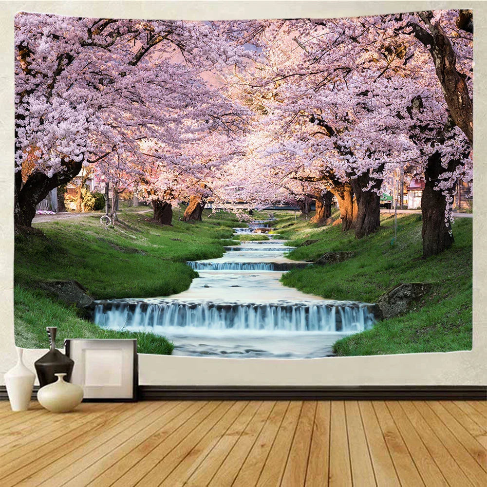 DecorBites™ Forest Waterfall Art Tapestry: Boho Hippie Decor Yoga Mat Sofa Blanket