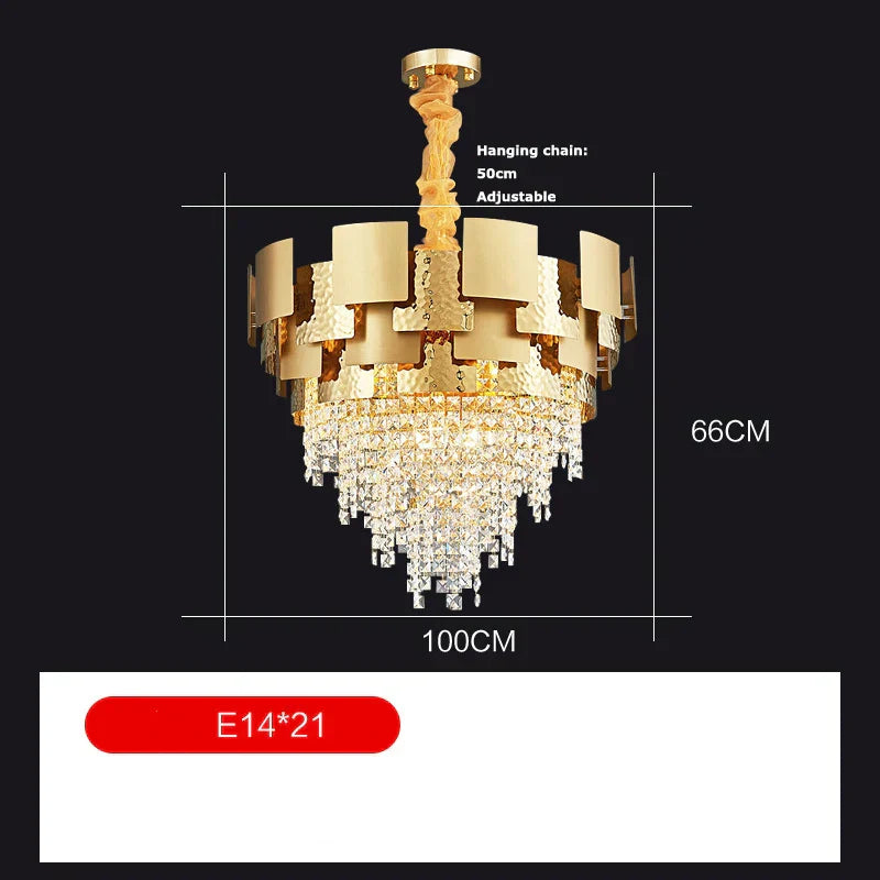 DecorBites™ ثريا متدلية ذهبية كريستالية من الفولاذ المقاوم للصدأ لردهة أنيقة