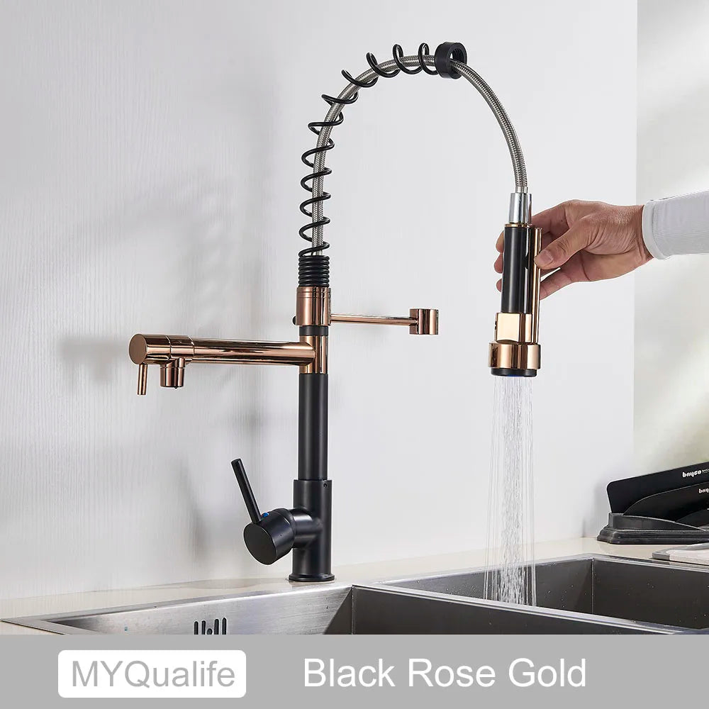 DecorBites™ Black Brass Kitchen Faucet with Dual Spout, 360 Rotation, Deck Mounted