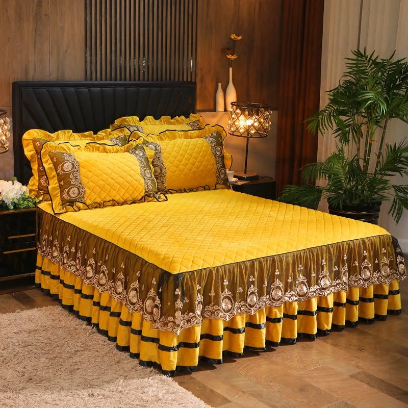 DecorBites™ Crystal Velvet Bedspread Set with Super Soft Quilting & Lace Bedskirt
