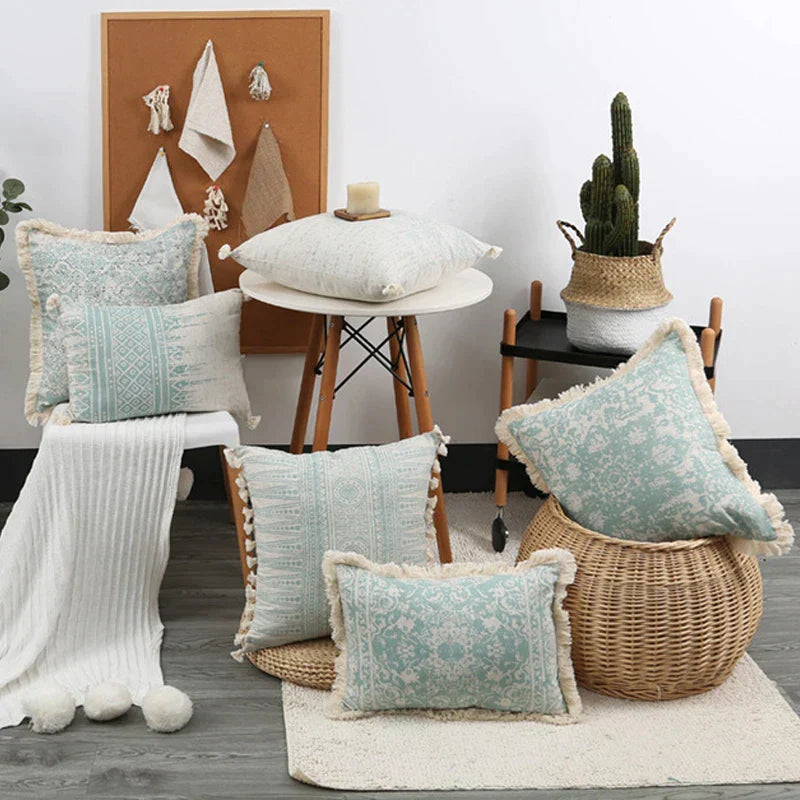 DecorBites™ Green Tassel Pillow Cover 45x45cm/30x50cm Cotton Linen for Home Decor