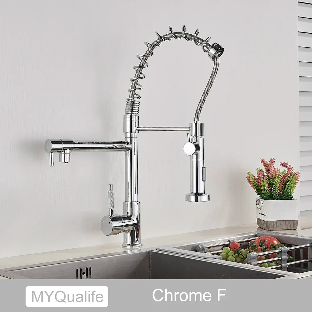 DecorBites™ Black Brass Kitchen Faucet with Dual Spout, 360 Rotation, Deck Mounted