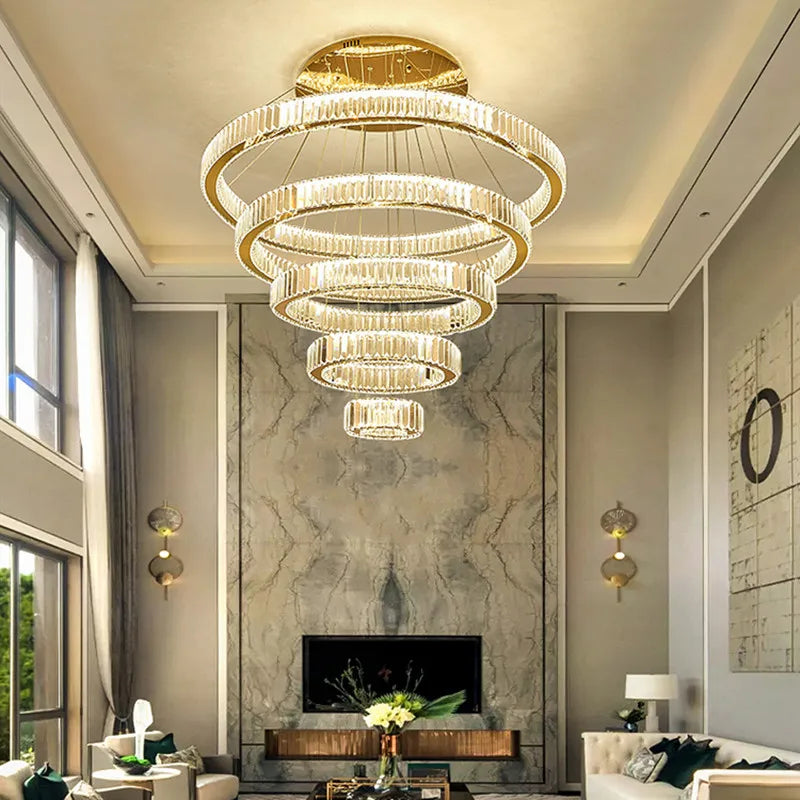 DecorBites™ Crystal LED Chandelier: Luxury Modern Ring Stair Hanging Lamp for Living Room Decor