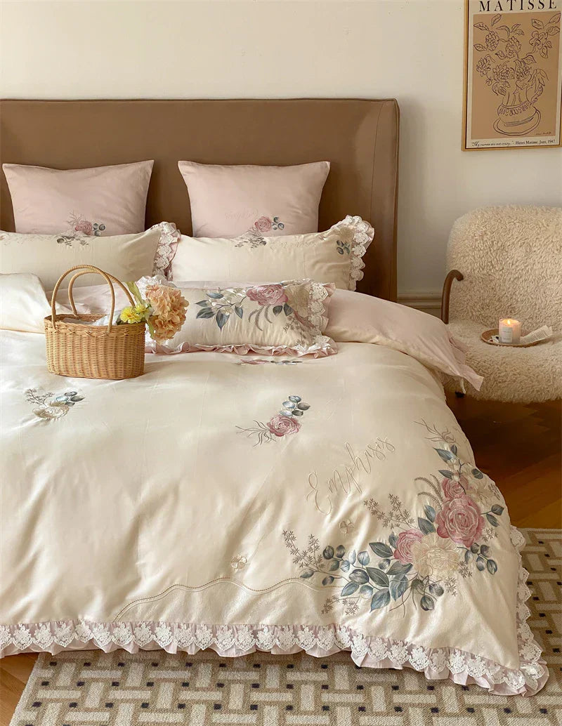 DecorBites™ French Princess 1000TC Cotton Bedding Set with Flowers Embroidery and Ruffles