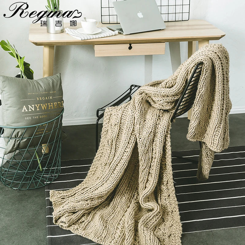Couverture en laine tricotée épaisse beige kaki DecorBites™