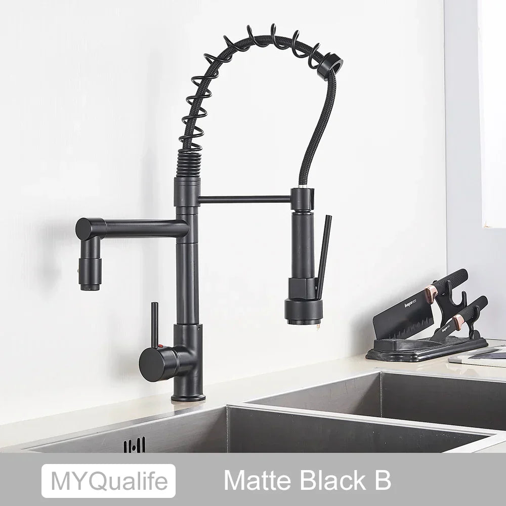 DecorBites™ Black Brass Kitchen Faucet with Dual Spout, 360 Rotation, Deck Mounted