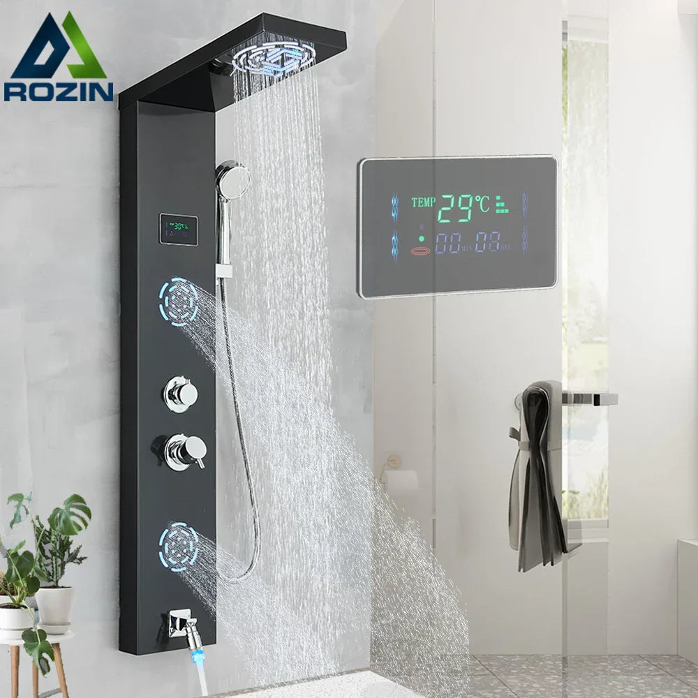 لوح دش DecorBites™ LCD أسود LED مطري مع 5 رشاشات تدليك يثبت على الحائط