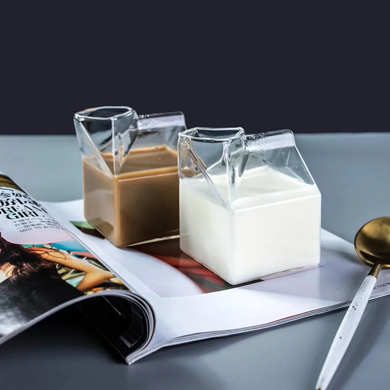 DecorBites™ Creative Milk Box Glass Cup - 250ml | Cute Transparent Drinkware for Juice and Coffee