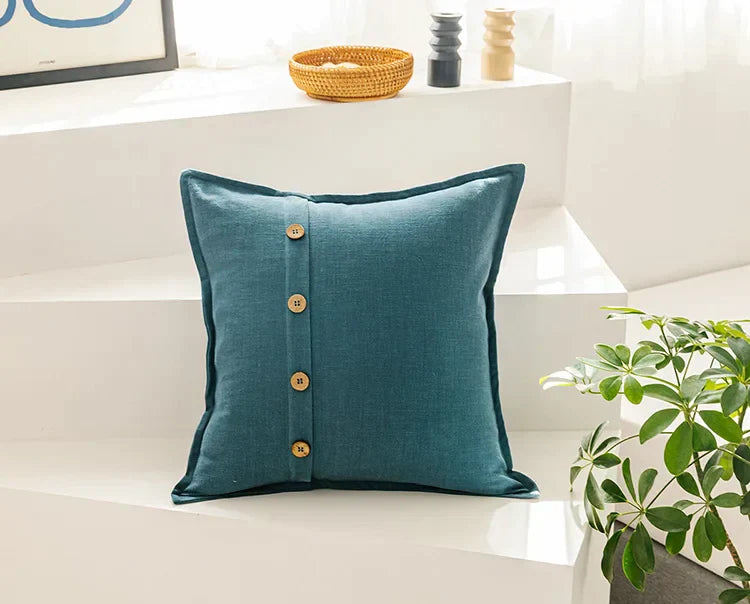 DecorBites™ غطاء وسادة من القطن والكتان 45×45 سم باللون الوردي والأزرق والأخضر والبيج مع أزرار جوز الهند لتزيين المنزل