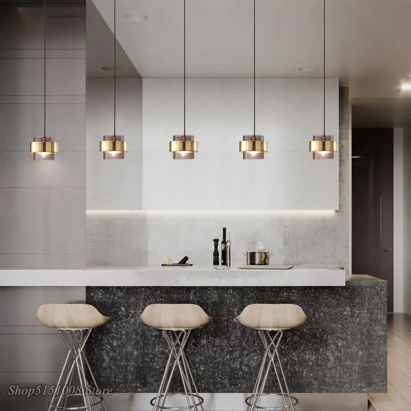 مصابيح قلادة LED زجاجية ذهبية من DecorBites™: تصميم أسطواني نورديكي حديث لتجهيزات الديكور المنزلي