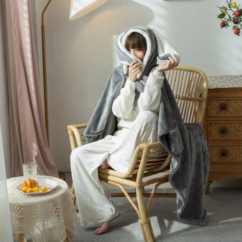 DecorBites™ بطانية الأرنب اللطيفة ذات القبعة: بطانية صوف مرجانية دافئة للكبار والأطفال