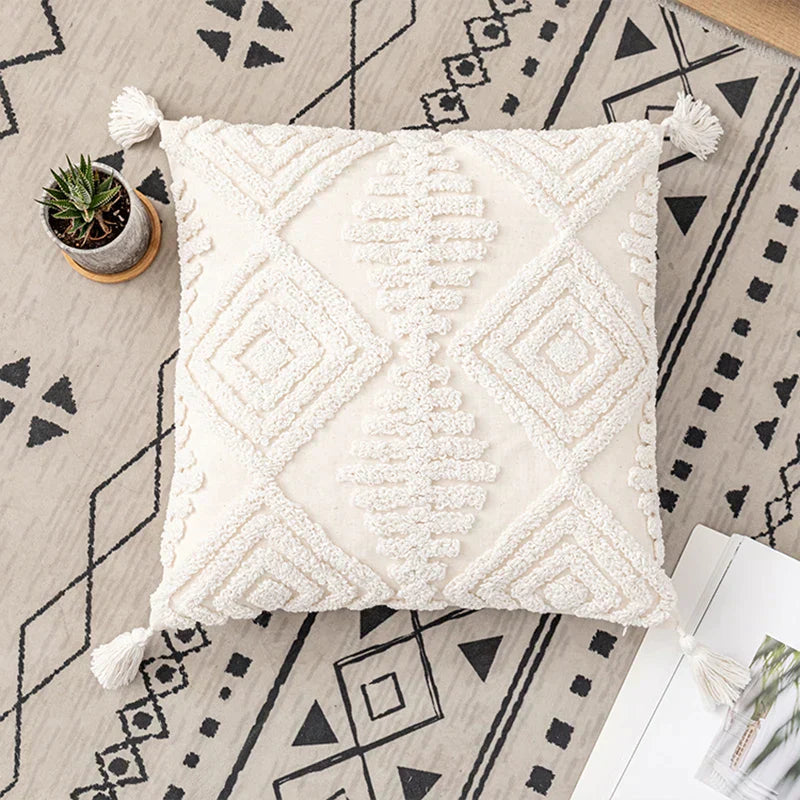DecorBites™ Ivory Cotton Loop Tufted Cushion Cover for Home Decoration