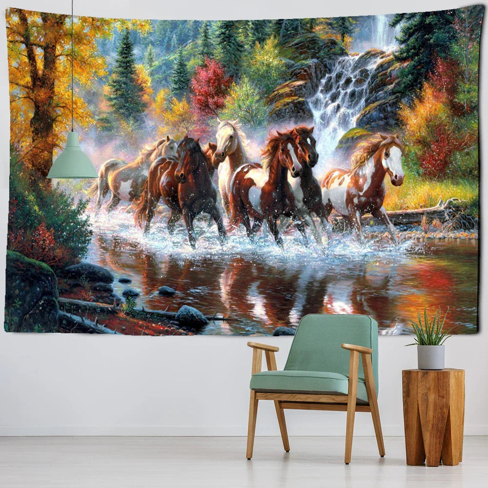 DecorBites™ Galloping Horse Tapestry Wall Hanging Ink Painting Boho Nature Decor