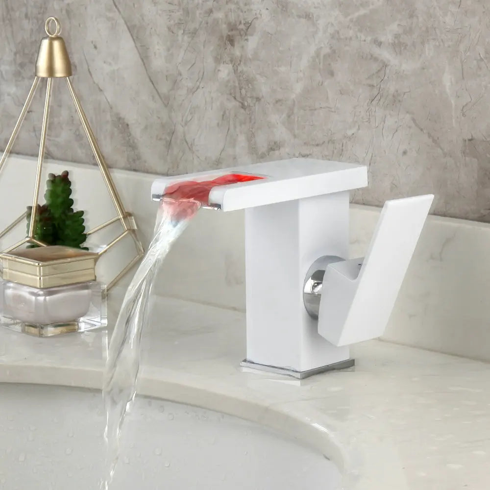 DecorBites™ LED Waterfall Basin Faucet White & Black Mixer Tap Deck Mount Solid Brass