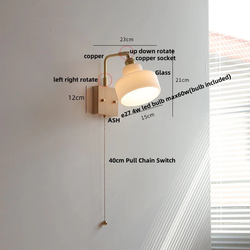DecorBites™ Copper LED Wall Light Sconce Pull Chain Switch Rotatable Bedside Lamp