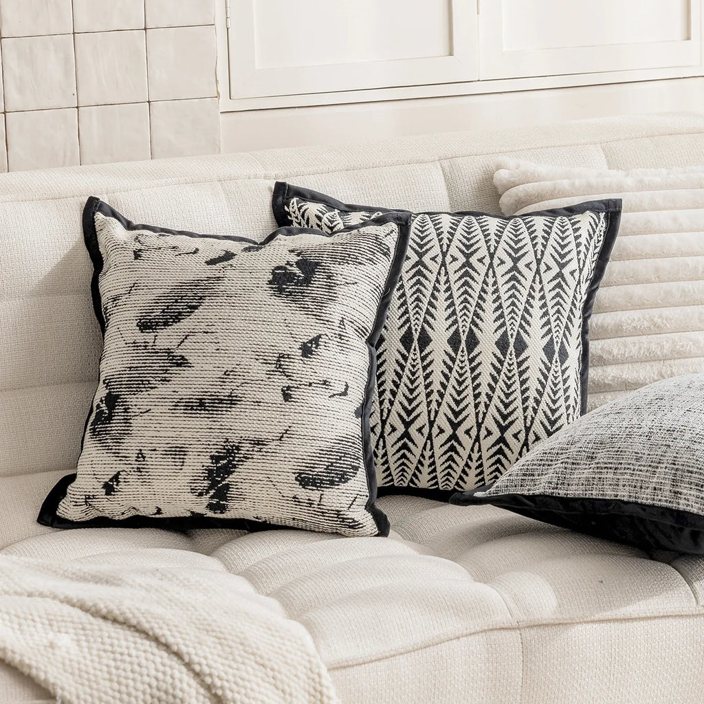 DecorBites™ Geometric Jacquard Embroidered Pillow Cover in Modern Minimalist Black and White Style