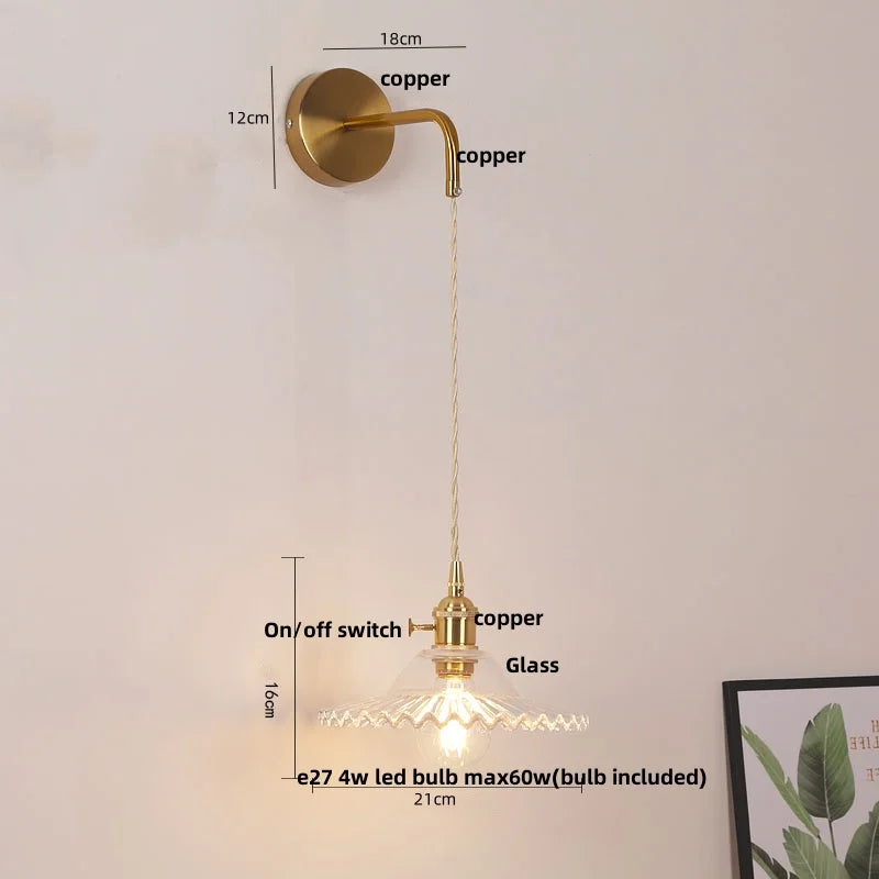 مصابيح جدارية نحاسية زجاجية DecorBites™ LED | مفتاح بسلسلة سحب | مصباح حمام قابل للتعديل