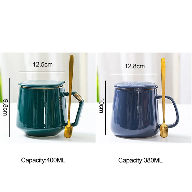 DecorBites™ Gold-painted Ceramic Mug Set with Lid and Spoon for Coffee, Water, Milk – 400ml