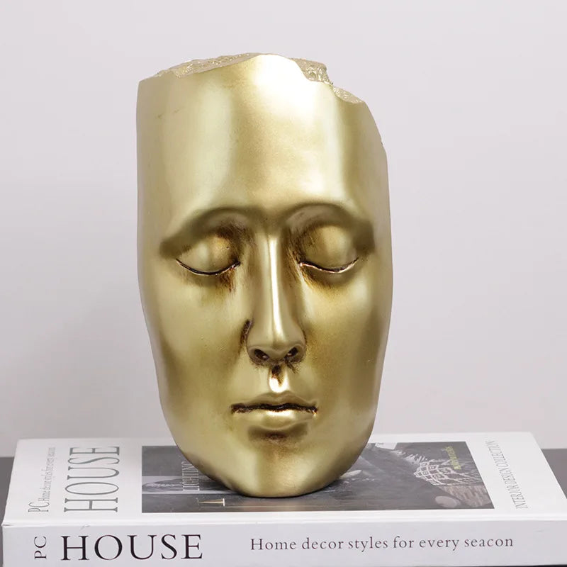 DecorBites™ Golden Mask Resin Abstract Face Sculpture for Home Decoration